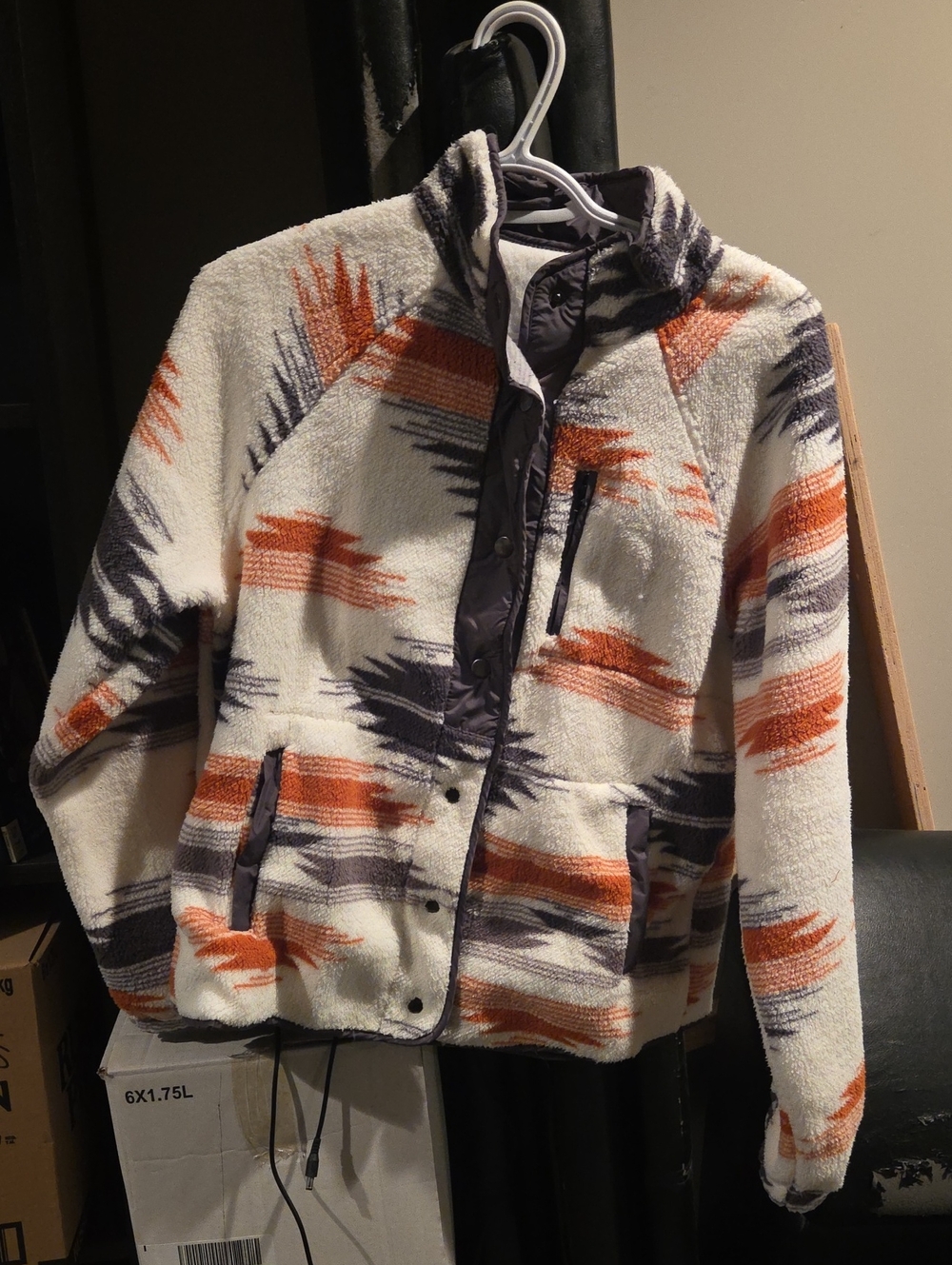 Faux-Sherpa Zip Front Jacket in Cream, Orange & Gray